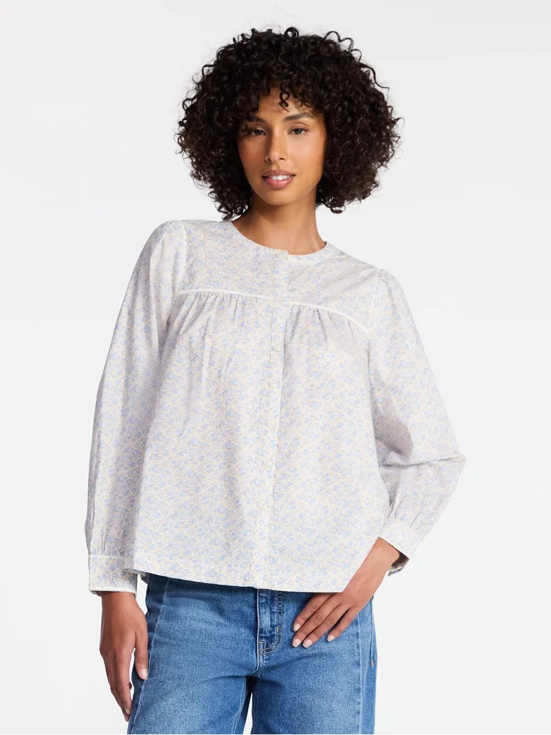 Time and Tru Women's Embroidered Cotton Button Front Shirt with Long Sleeves, Sizes XS-XXXL | Walmart (US)