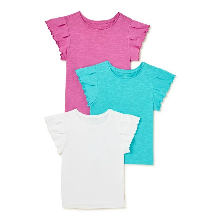 Wonder Nation Girls Ruffle Sleeve Kid Tough Slub T-Shirts, 3-Pack, Sizes 4-18 & Plus | Walmart (US)