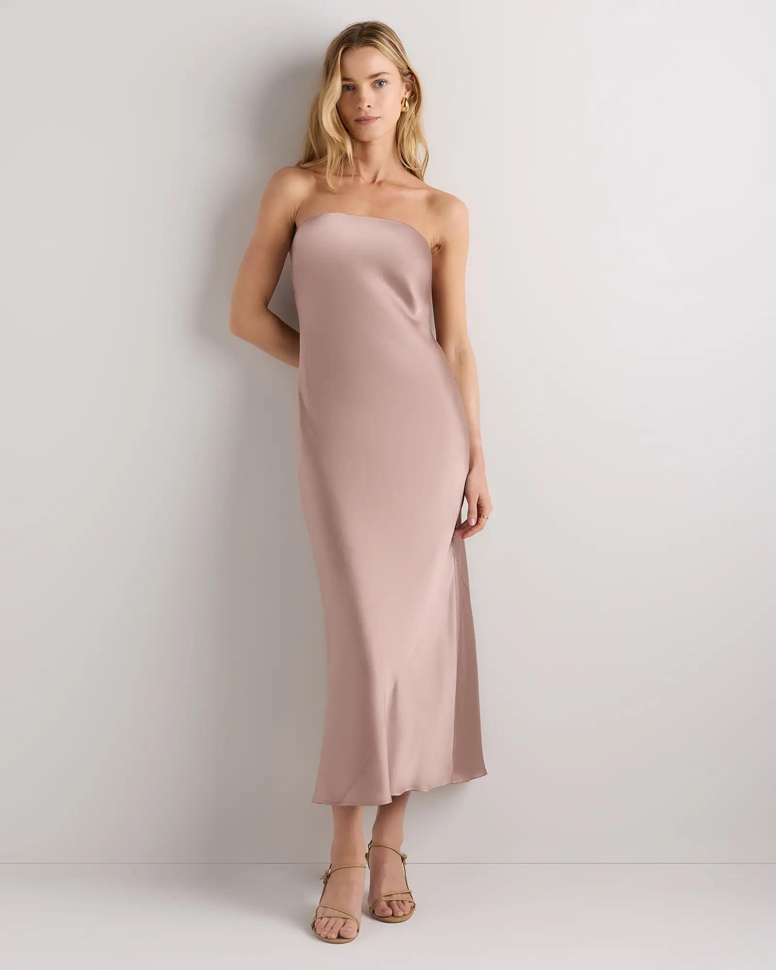 100% Washable Silk Strapless Midi Dress in Vintage Pink | Quince