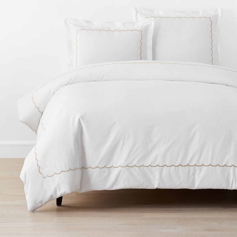 Embroidered Scallop Classic Cool Cotton Percale Duvet Cover - Tan, Full | The Company Store