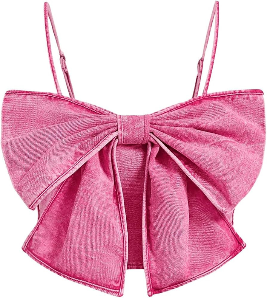 GORGLITTER Women's Bow Denim Crop Top Smocked Spaghetti Strap Sleeveless Jean Cami Top | Amazon (US)