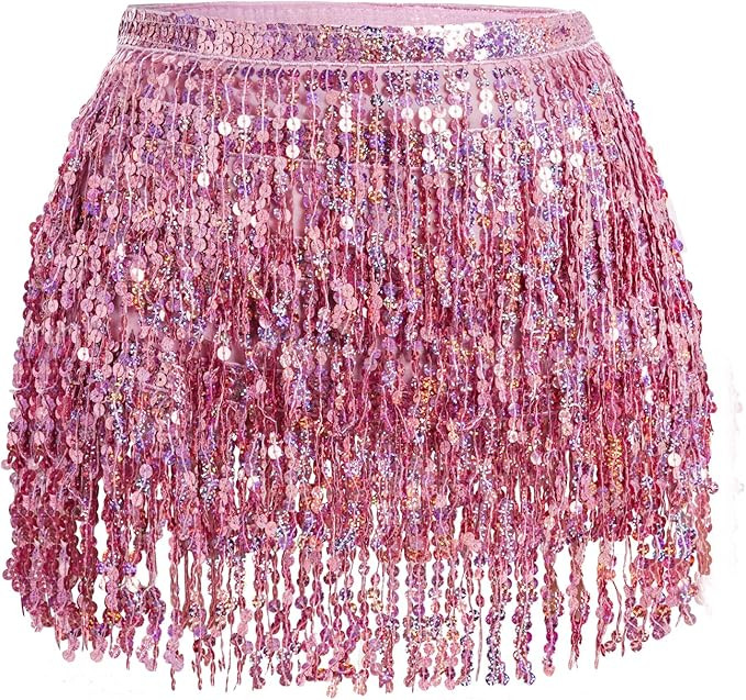 Belly Dance Hip Scarf Sequin Tassel Skirt Wrap Sparkly Rave Costume for Women | Amazon (US)