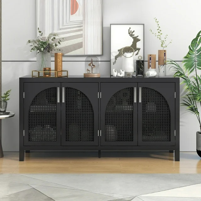 Churanty Rattan Door Sideboard Black Buffet Wood Kitchen Cabinet Large Storage Space for Living R... | Walmart (US)