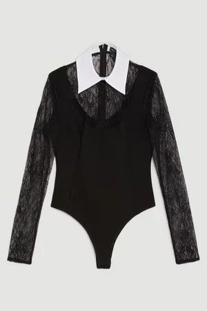 Lace Ponte Cotton Mix Jersey Bodysuit | Karen Millen UK + IE + DE + NL