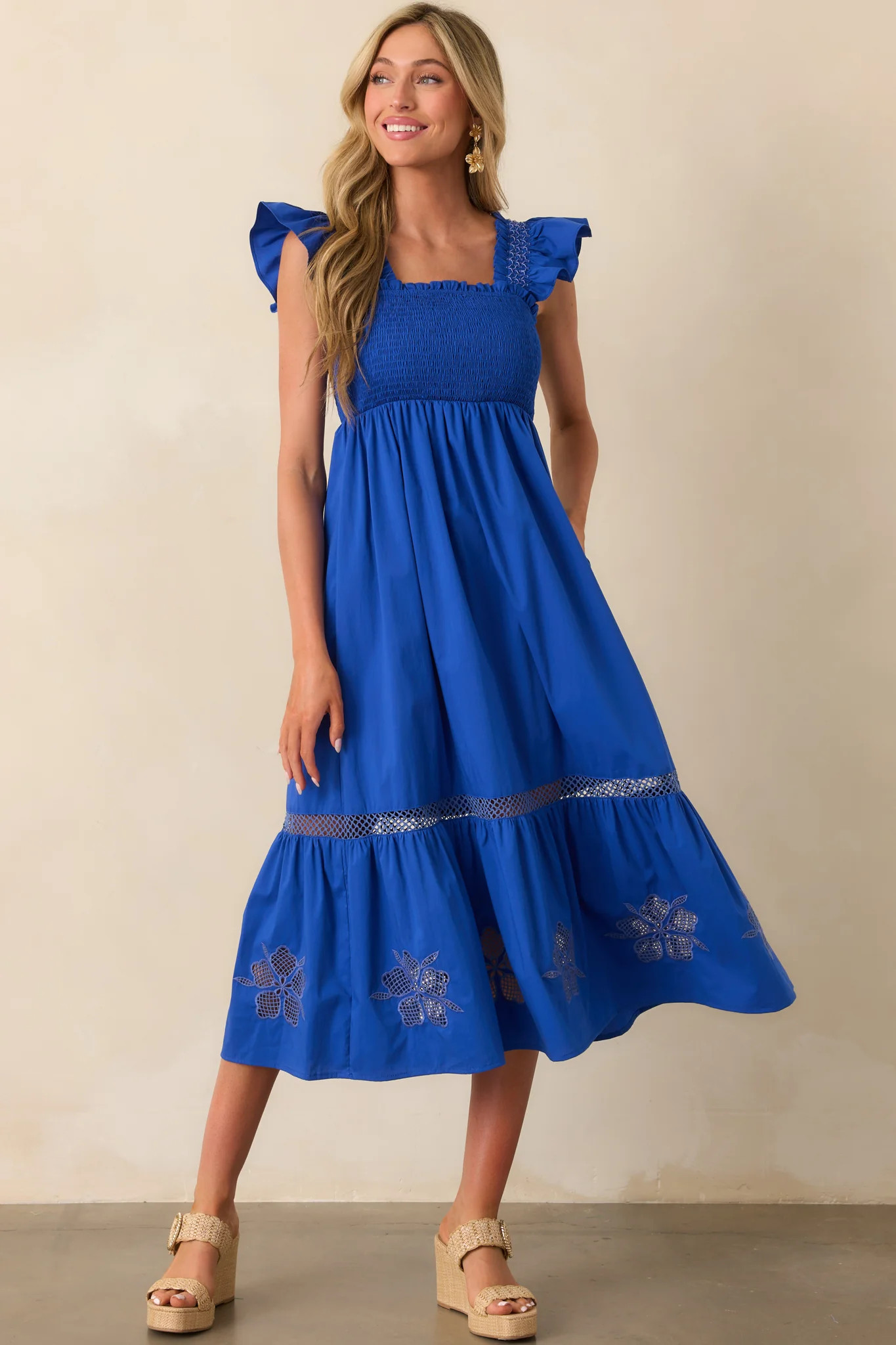 Don't Mind If I Do Cobalt Blue Cotton Embroidered Eyelet Midi Dress | Red Dress