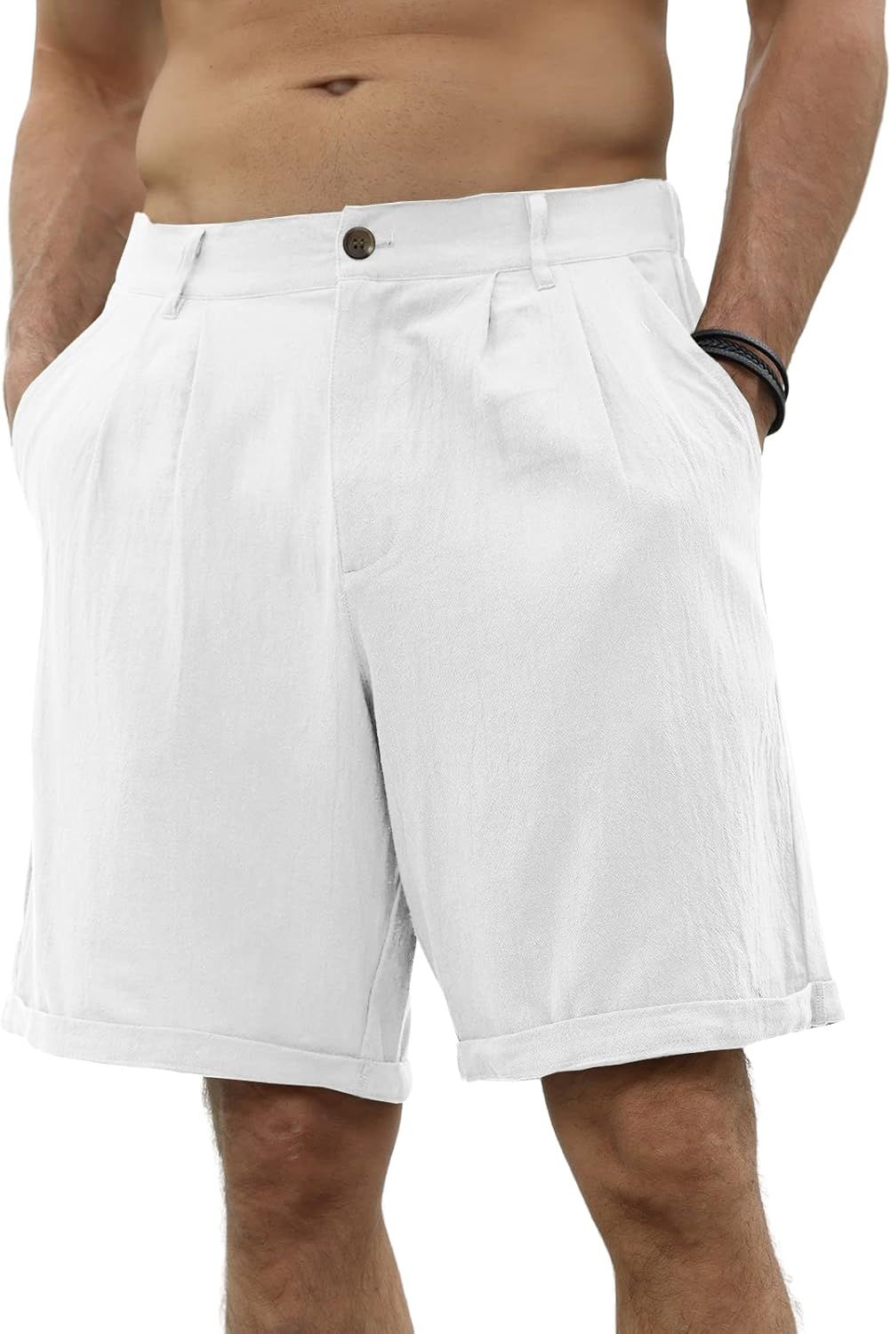 Men's Linen Casual Beach Shorts Cotton Classic Summer Shorts with Buttons Elastic Waist | Amazon (US)