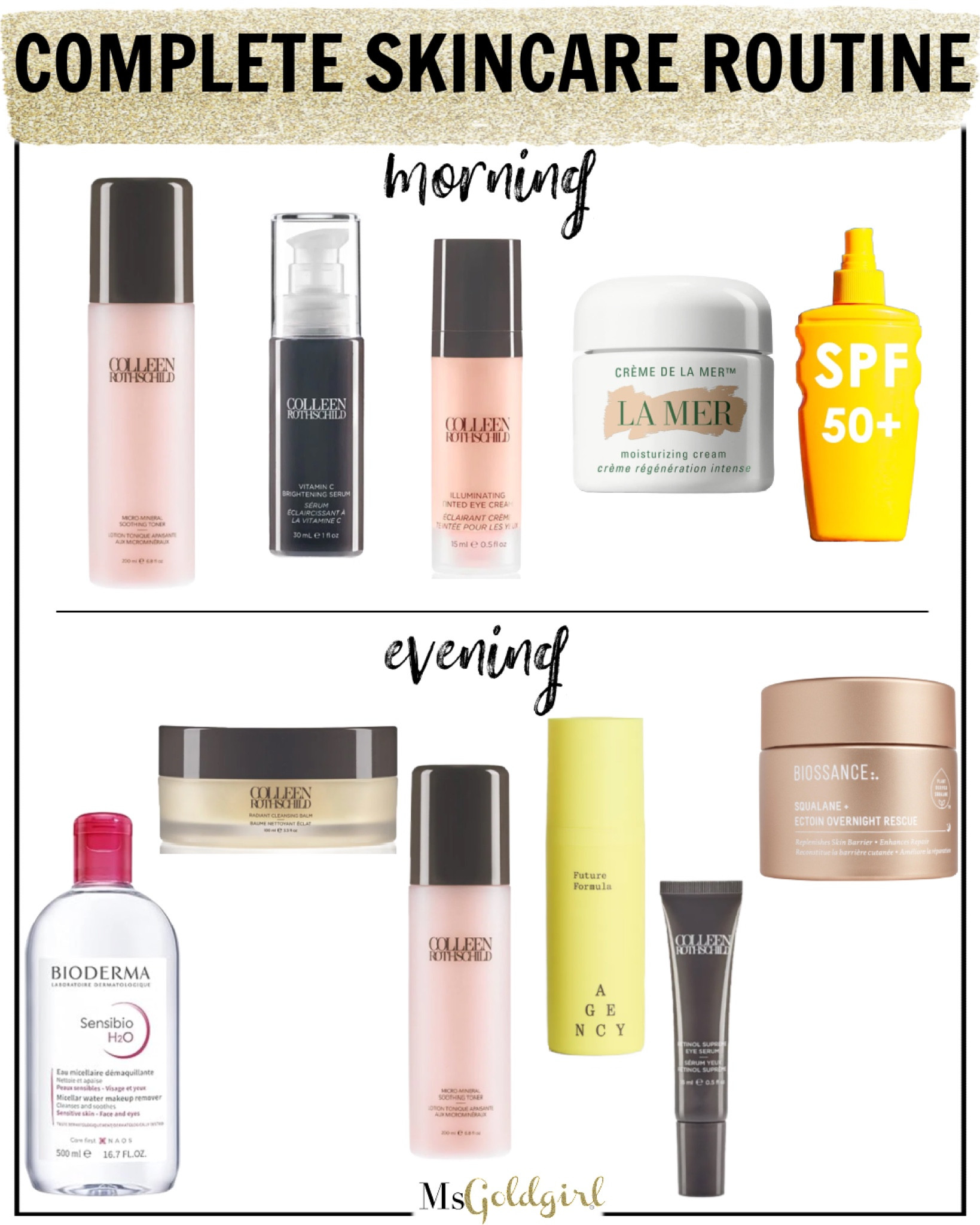 COMPLETE MORNING AND EVENING SKINCARE ROUTINE

I have dry, sensitive, reactive skin that’s almost 51 years old, and these are the products I’ve been using for awhile for my everyday skincare routine.

MORNING
1. Soothing Toner-really preps the skin for any active ingredients you’re going to apply later (like acids, vitamin c, etc). Use code GOLDGIRL20 to get 20% off.

2. Vitamin C Serum-this one smells good, is as if not more effective than L-Ascorbic acid, shelf stable and a great price (code GOLDGIRL20 for 20% off)

3. This is NOT makeup-but it IS a tinted eye cream that moisturizes AND helps with dark circles (code GOLDGIRL20 for 20% off).

4. This is a super rich moisturizer that I love for fall/winter months and when I travel.

5. My preference is an SPF with 50, but at least 40+. I have a few I’m rotating through so I’ll link them all.

EVENING
1. I remove my eye makeup every night with this micellar water and I’ve also linked the organic cotton rounds I use.

2. The BEST cleansing balm-be sure to use on DRY skin (code GOLDGIRL20 for 20% off).

3. Soothing toner again! (code GOLDGIRL20 for 20% off)

4. This is an online skincare prescription that I can’t link in LTK, but it’s how I get my tretinoin, It’s from Agency Skincare.

5. Retinol eye serum-it just melts into the skin around the eyes (code GOLDGIRL20 for 20% off).

6. This moisturizer is great for dry skin or if you’re dealing with dry patches. It works overnight and leaves skin really prepped for makeup the next day. It’s not heavy feeling at all-good for year round use.

#matureskin #skincareover40 #skincareover50 #skincareroutine 

#LTKover40 #LTKbeauty