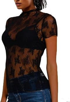 Sheer Mesh Short Sleeve Layering Top for Women Mock Neck Floral Lace Tshirt See Through Tee Shirt... | Amazon (US)