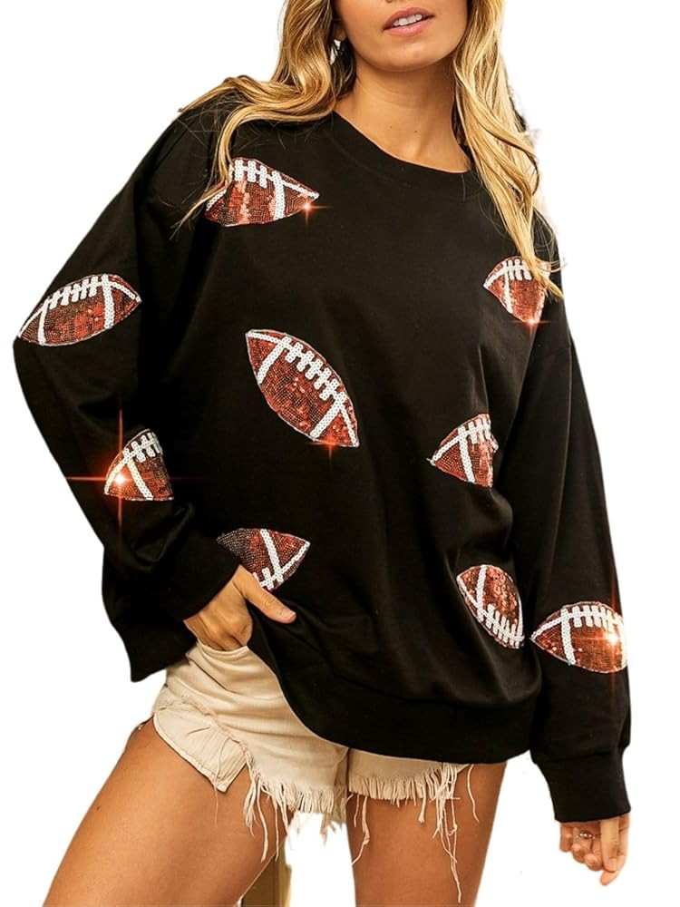Womens Football Sequin Embroidery Loose Fit Sweatshirt Casual Crewneck Pullover Long Sleeve Gamed... | Amazon (US)