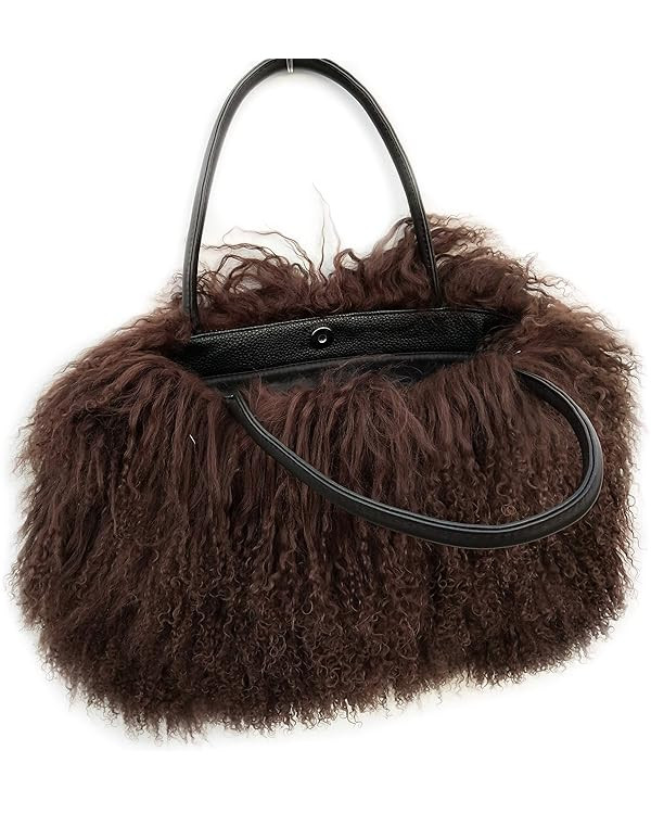 Women Luxury Real Lamb/Mongolian Flush Wool Fur With Genuine Leather Handles Handbag | Amazon (US)