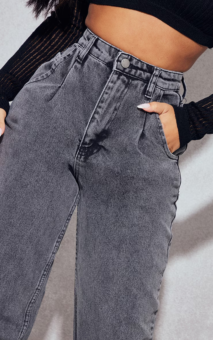 Petite Washed Black Mid Seam Detail Wide Leg Jeans | PrettyLittleThing US