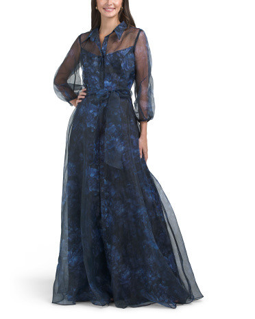 Long Sleeve Organza Floral Shirt Gown For Women, Polyester | TJ Maxx