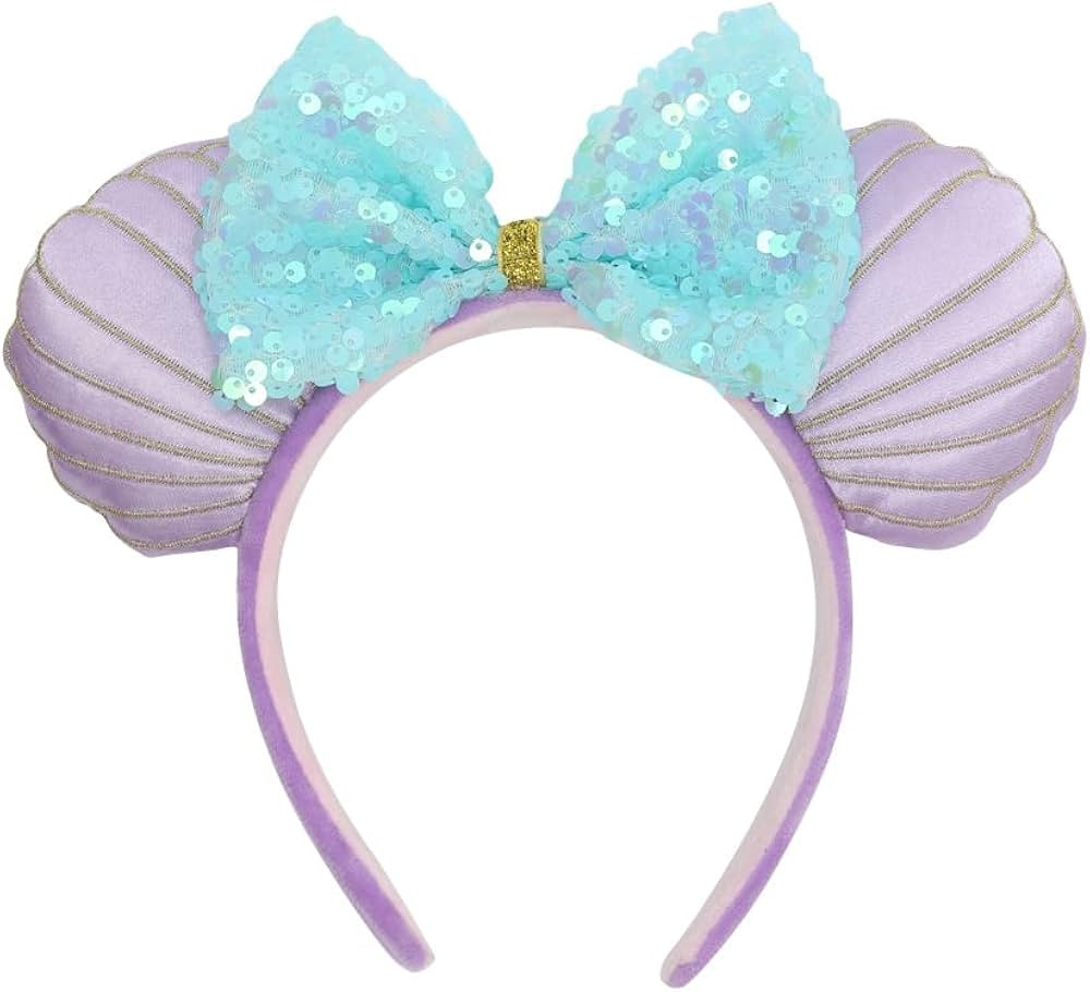 JIAHANG 3D Mouse Ear Headband, Purple Mermaid Mic Mouse Ear Headband Sequin Bow Costume Headwear ... | Amazon (US)