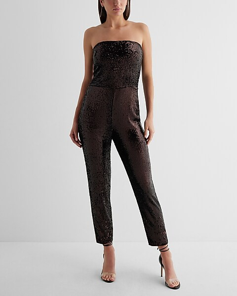 Sequin Strapless Straight Leg Jumpsuit | Express