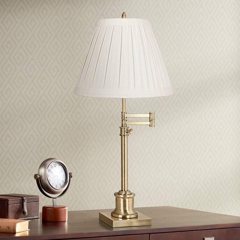 360 Lighting Westbury Adjustable Height Linen and Brass Swing Arm Desk Lamp | Lamps Plus