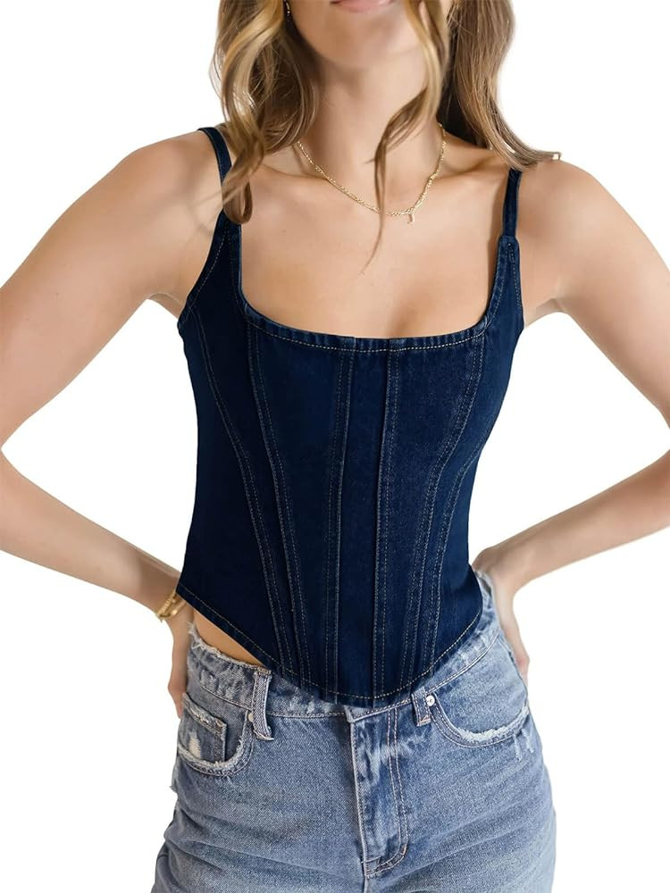Imily Bela Womens Sleeveless Denim Vest Crop Tank Tops Spaghetti Straps Slim Fit Summer Cami Top | Amazon (US)