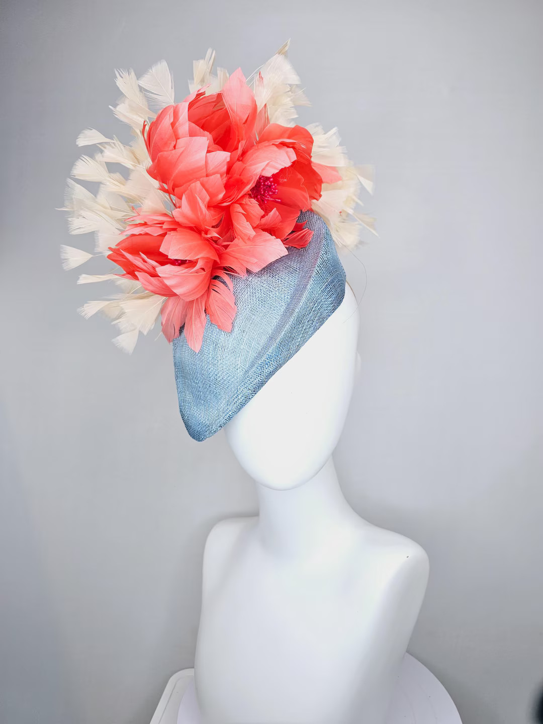 Kentucky Derby Hat Fascinator Light Blue Pointed Teardrop Perch Sinamay With Fluffy Coral Orange ... | Etsy (US)