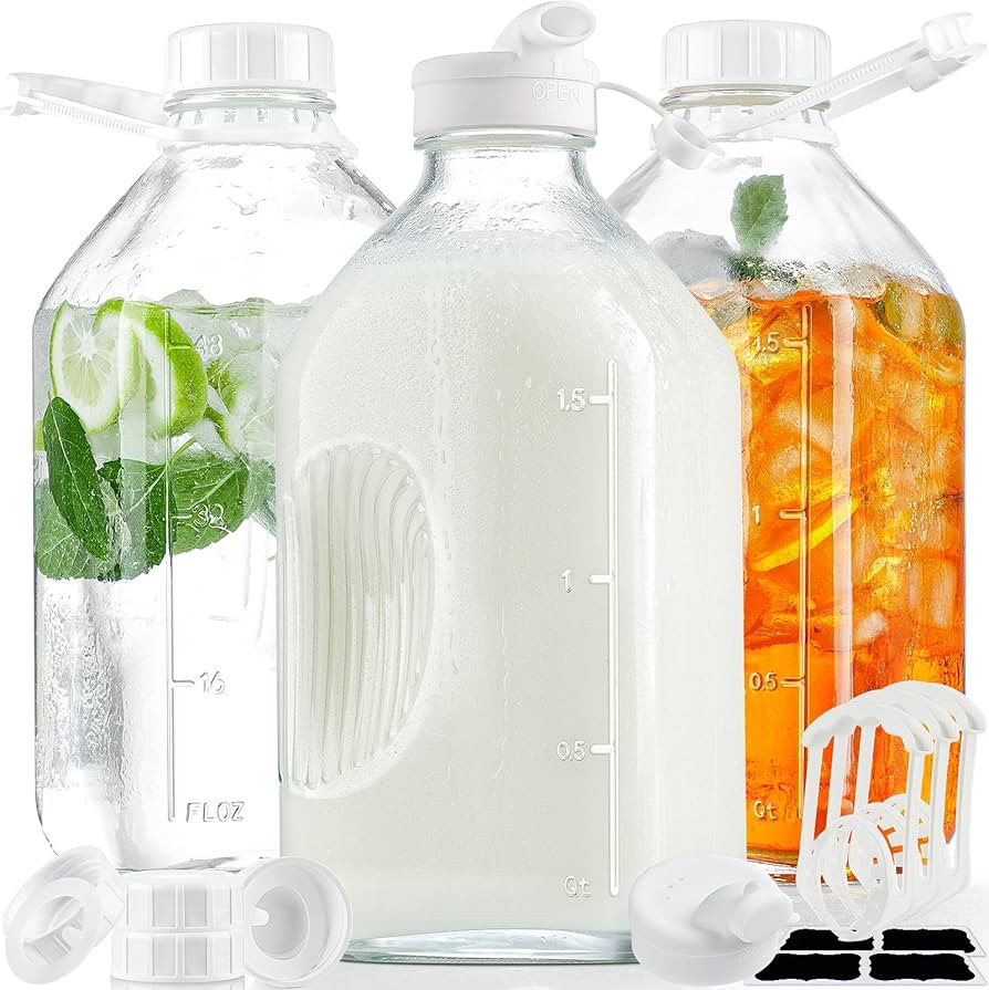 3 Pack 2 Qt Glass Water Bottles with Handle and Airtight Reusable SCREW LID - 64 Oz Juice Jugs, 1... | Amazon (US)