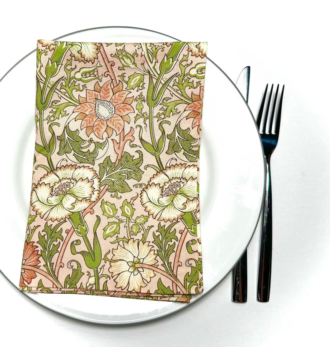 18 Peach Pink Green Morris & Co. Dinner Napkins Floral Table Linens Artistic Big Vintage Flower P... | Etsy (US)