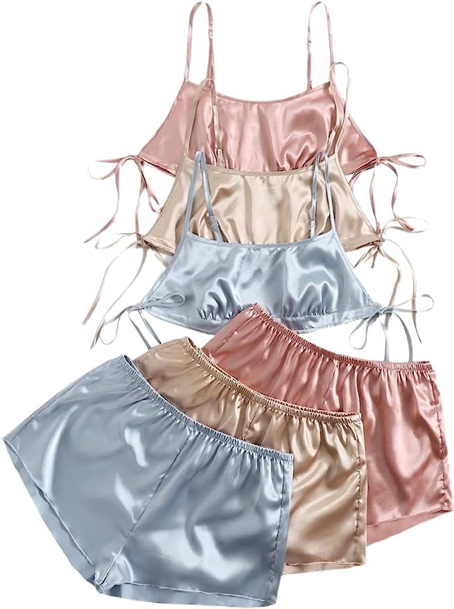 SheIn Women's 3 Sets Tie Side Satin Lounge Set Sleeveless Crop Cami and Elastic Waist Shorts Slee... | Amazon (US)