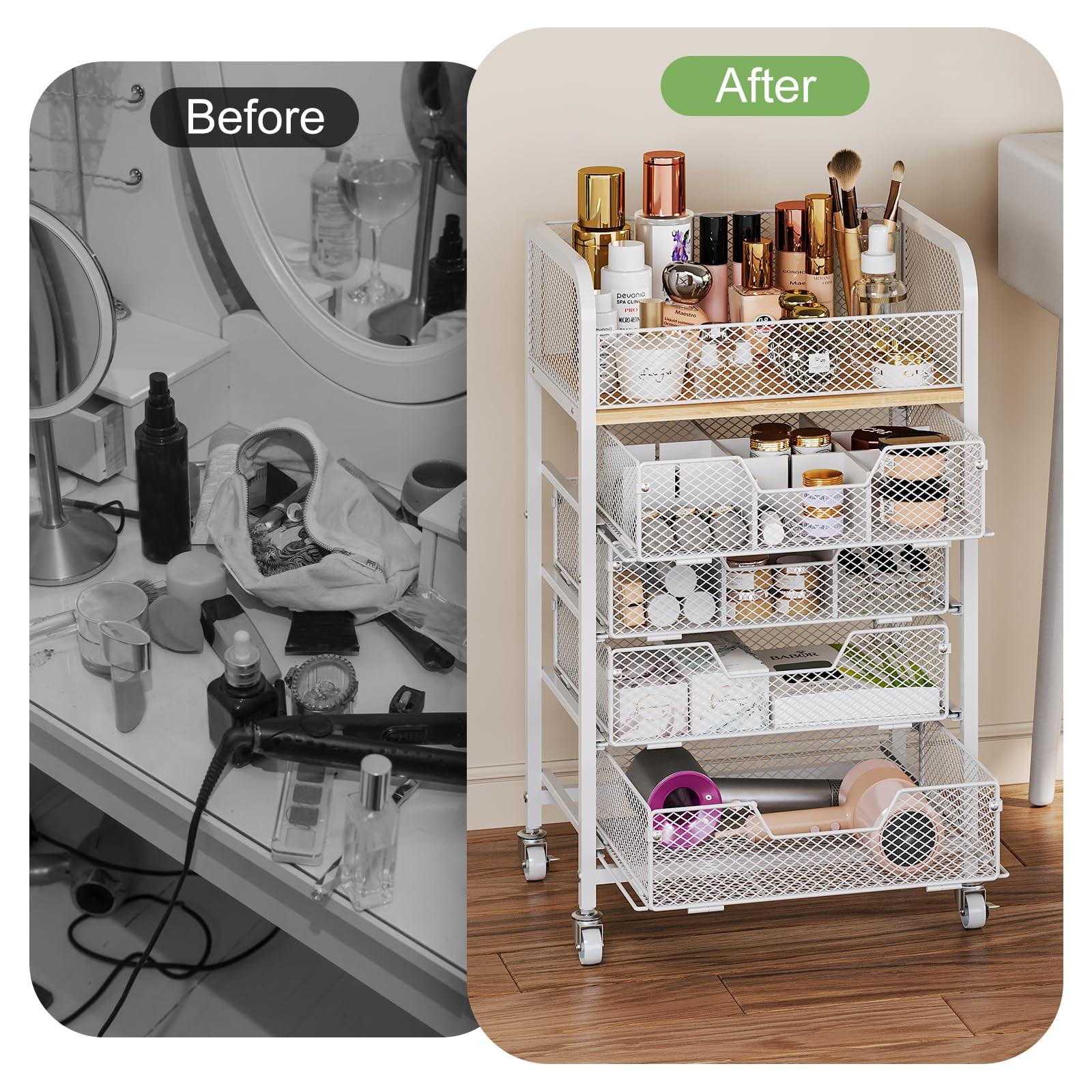 Rolling Makeup Cart Organizer with 4 Drawers, Floor Skincare Organizers with Wheels, Cosmetics Di... | Amazon (US)