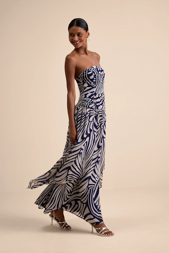 Calista Navy Print Ruched Drop Waist Maxi Dress | Lulus
