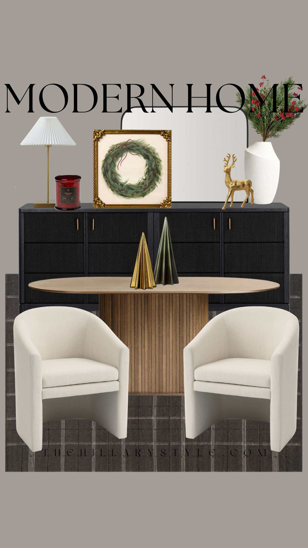 
✨Modern Home Holiday Dining Room✨

Trading in the tinsel for a chic, modern Christmas dining room. 🖤 Neutral tones, mixed metals (hello, beautiful gold reindeer!), and organic greenery are the perfect blend of luxury and natural holiday style. This year, it's all about that sophisticated, Moody Elegance look with a minimal touch of festive cheer. It's the perfect backdrop for hosting your holiday dinner parties! Details on the black sideboard, bouclé chairs, and that stunning wooden table are all linked. 👇 Target, Pottery Barn, Walmart, Wayfair, World Market, AllModern, Crate & Barrel

#moderndecor #christmasdecor #holidaydecor #diningroomdecor #modernchristmas #neutraldecor #chicchristmas #ltkhome #interiordesign #modernhome #MoodyElegance #TheHillaryStyle #holidaytablescape #modernminimalist 

 

#LTKHoliday #LTKSeasonal #LTKHome