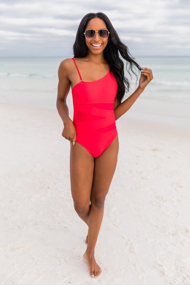 Meet Me At Waikiki Red One Shoulder Swimsuit | The Pink Lily Boutique