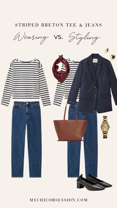 Style Everlane’s Way High Jean with their Classic Breton Tee, Day Heels, and leather tote. Accessorize with a neck scarf from Tuckernuck, gold stud earrings, and a gold watch.

#LTKStyleTip #LTKSeasonal #LTKWorkwear