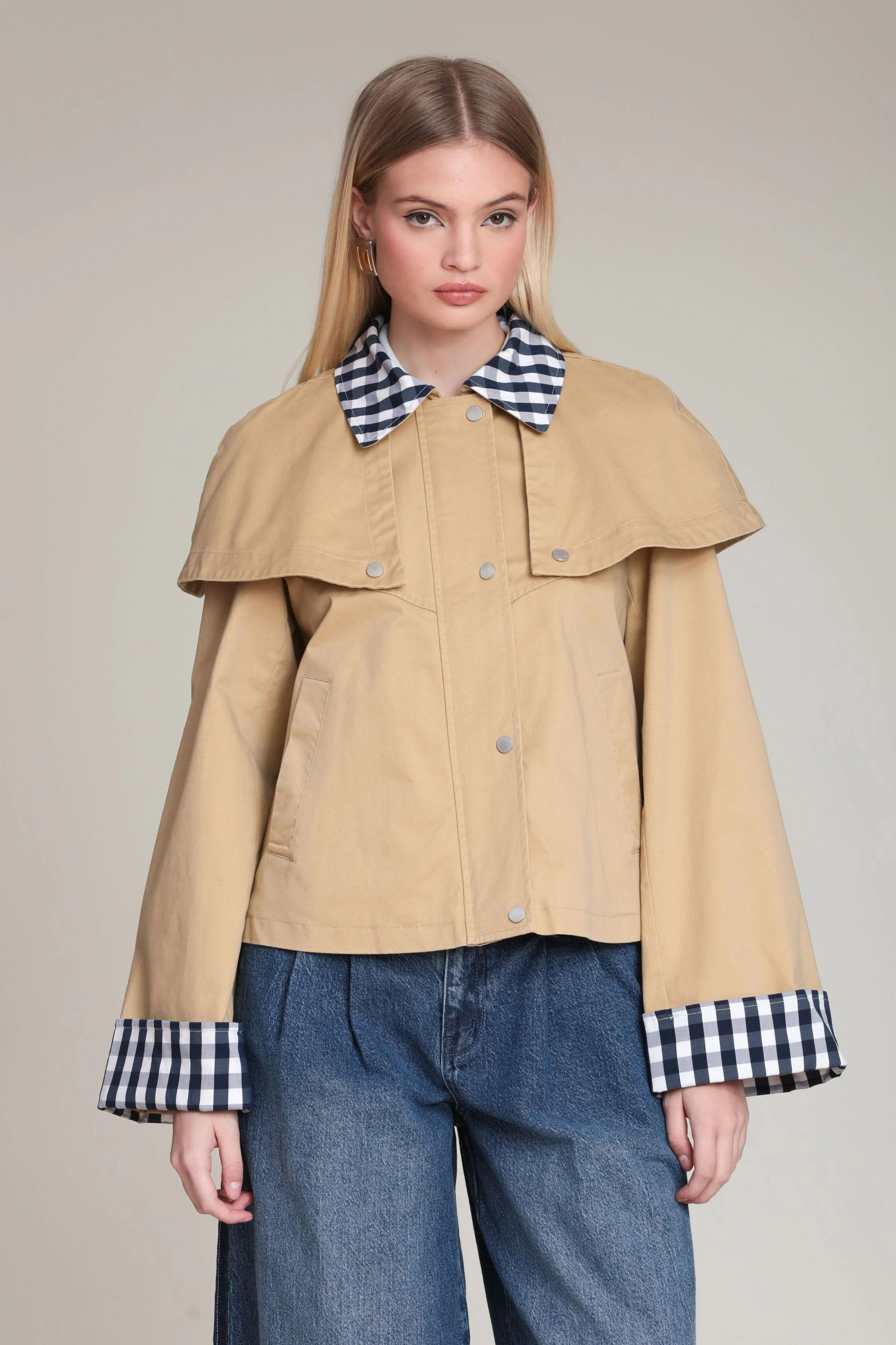 Gingham Trim Cotton Cape Jacket | Avec Les Filles
