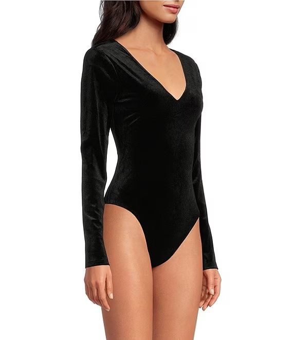 Long Sleeve V-Neck Knit Velvet Bodysuit | Dillard's