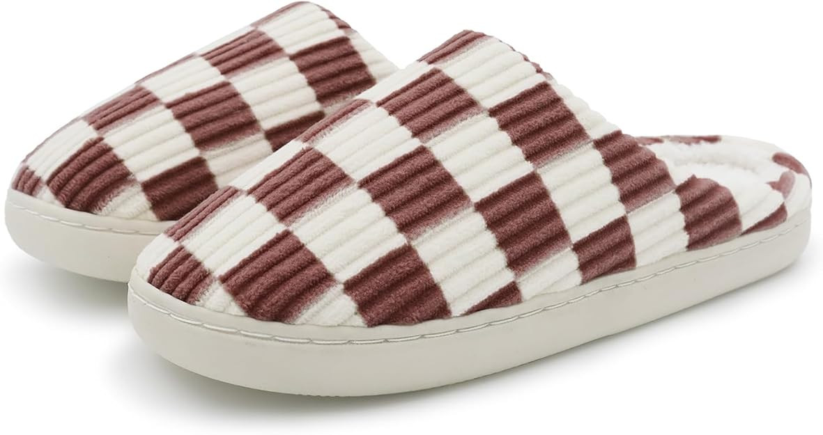 Women Home Fuzzy Slippers - Memory Foam Checkered Plaid Scuff Non-Slip Indoor Outdoor Comfortable... | Amazon (US)