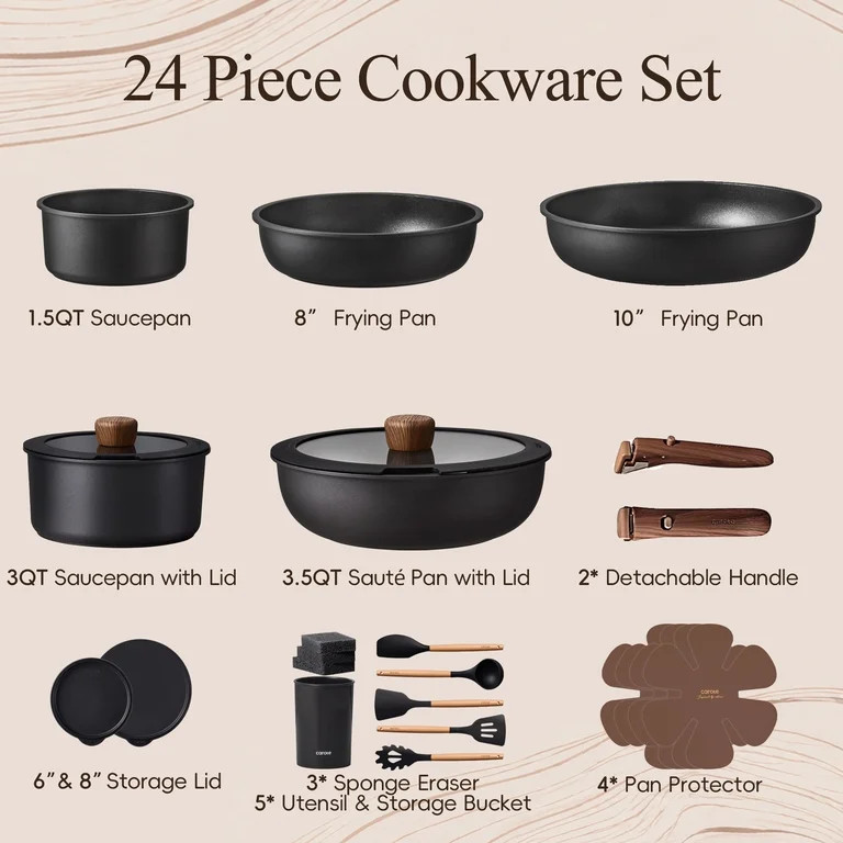 Carote 24-Piece Nonstick Cookware Set, Pots and Pans Set with Detachable Handle, Induction Compat... | Walmart (US)