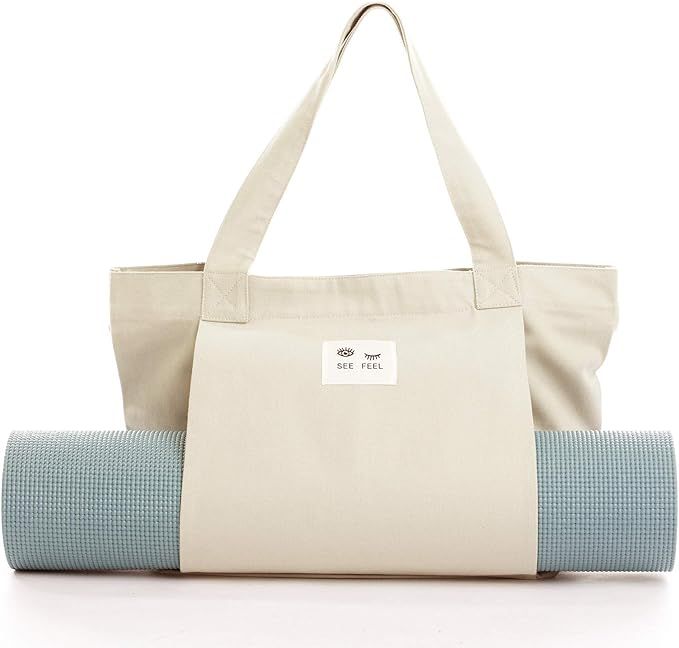 Yoga Pilates Mat Bag Basic Canvas Tote with Mat Carrier Pocket | Amazon (US)