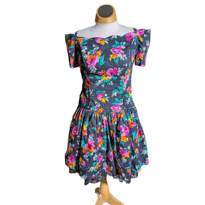 Vtg 1980s Byer Too Black Colorful Floral Off the Shoulder Drop Waist Dress Sz 8 | Etsy (Global)