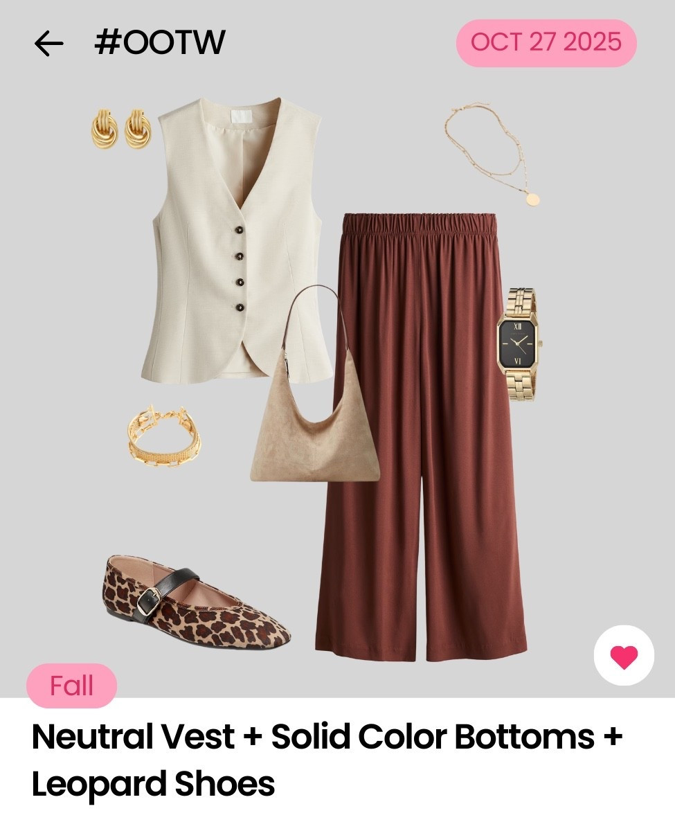 The kind of outfit that makes even Mondays feel good. 😎 #OOTW

🚨 THE FORMULA:
Neutral Vest + 
Solid Color Bottoms + 
Leopard Shoes 

Dress it up: Layer the vest over a white button-down or blouse. Feel free to replace the leopard flats with neutral or leopard boots or heels. 

Dress it down: To dress this formula down, either keep the vest and layer it over a white tee, or substitute it with a neutral tee.  

Check out all 31 outfits we've styled for October in our app 📲.

#LTKSeasonal #LTKOver40 #LTKStyleTip