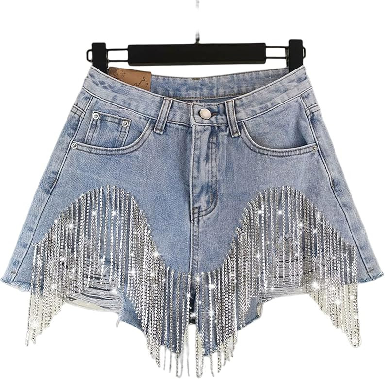 JYAOVO Women's Summer European Rhinestone Diamond Tassels Denim Shorts High Waist Jeans Shorts wi... | Amazon (US)