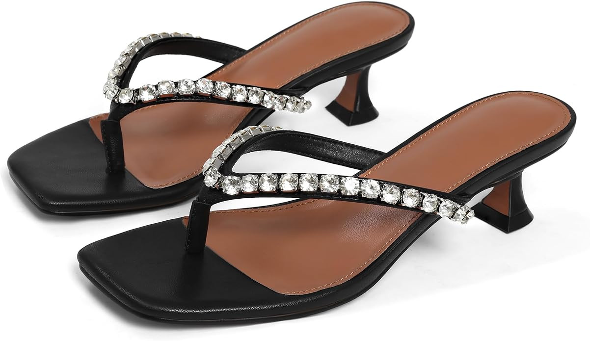 Eteridrey Women's Kitten Heels, Rhinestone Square Toe Thong Heel Sandals, Comfortable 2 Inch Low ... | Amazon (US)