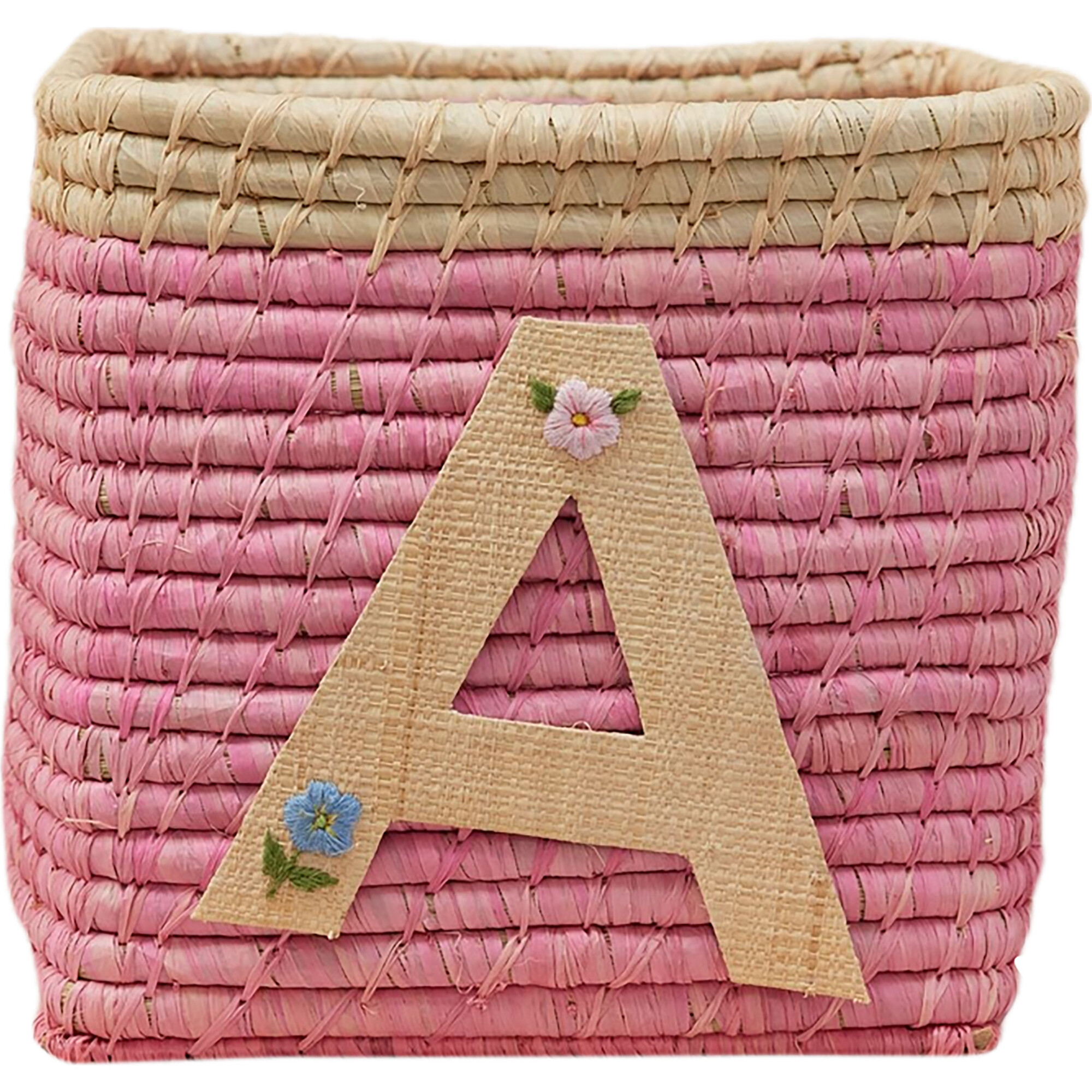 Raffia Contrast Border Square Basket With Embroidery On Raffia Letter - A, Pink & Natural | Maisonette