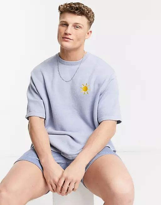 ASOS DESIGN knitted co-ord t-shirt with embroidered sun in pale blue | ASOS (Global)