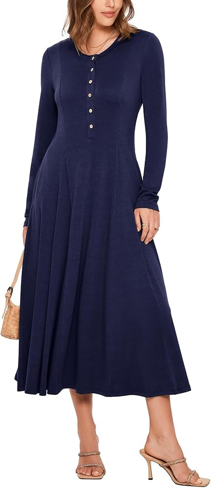 Glamaker Womens 2024 Fall Long Sleeve Midi Dress Casual Crew Neck A line Long Flowy Dress with Po... | Amazon (US)
