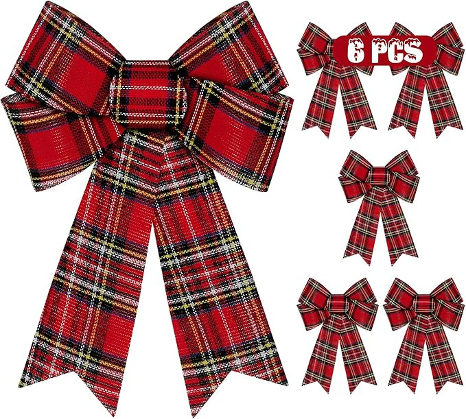 6 PCS Christmas Tree Decor, 9 x 12 Inch Large Christmas Bows, Buffalo Plaid White Black Red Xmas ... | Amazon (US)