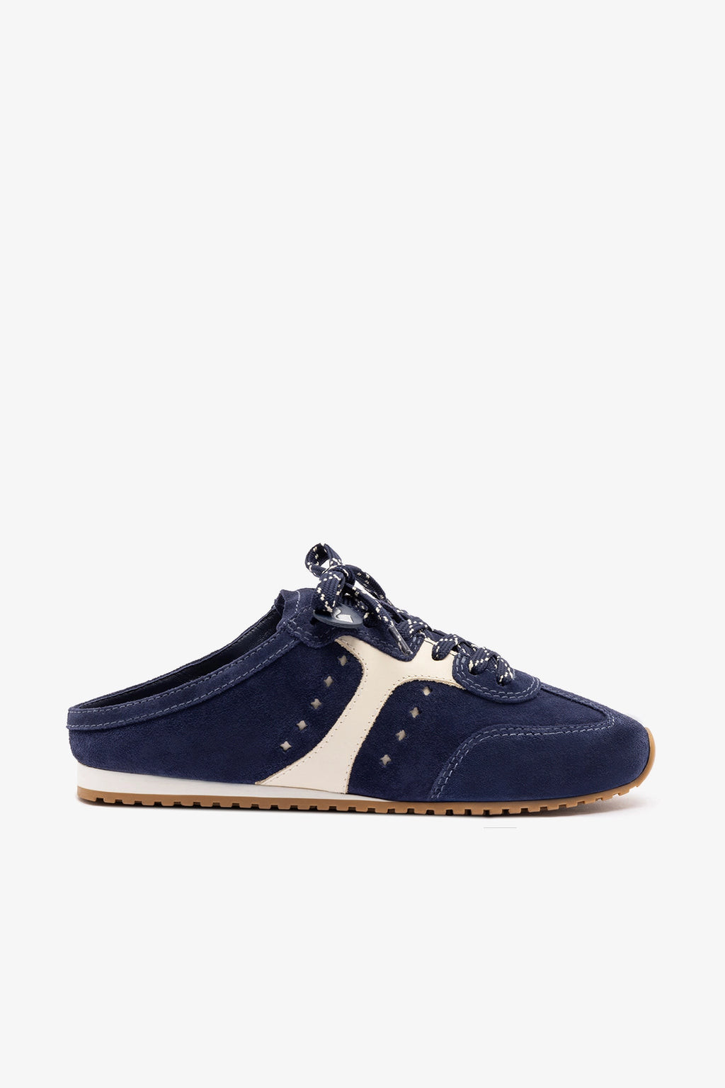 Stella Mule In Navy Suede and Ivory Leather | Larroude