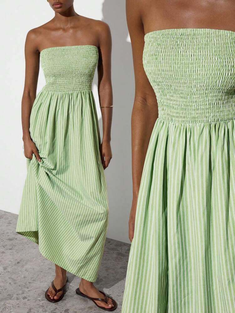 Maija Women's Casual Boho Green Stripe And Striped Stripe Bandeau Dress, Summer, Dresses For Wome... | SHEIN