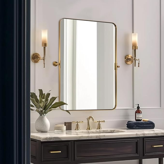 MOON MIRROR 24" x 36" Brushed Gold Metal Framed Pivot Rectangle Bathroom Mirror for Wall, Tilting... | Amazon (US)