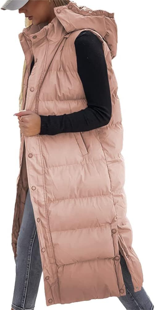 Women's long Quilted Vest hooded Sleeveless Button Down puff vest cotton padded jacket winter coa... | Amazon (US)