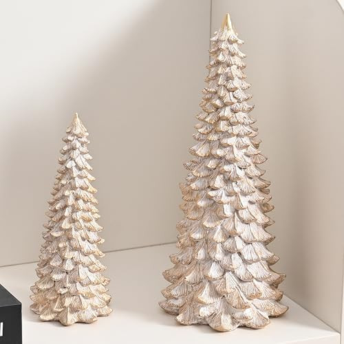 Resin Christmas Tree Figurines, 2Pcs Distressed White with Gold Table top Christmas Trees, Small ... | Amazon (US)