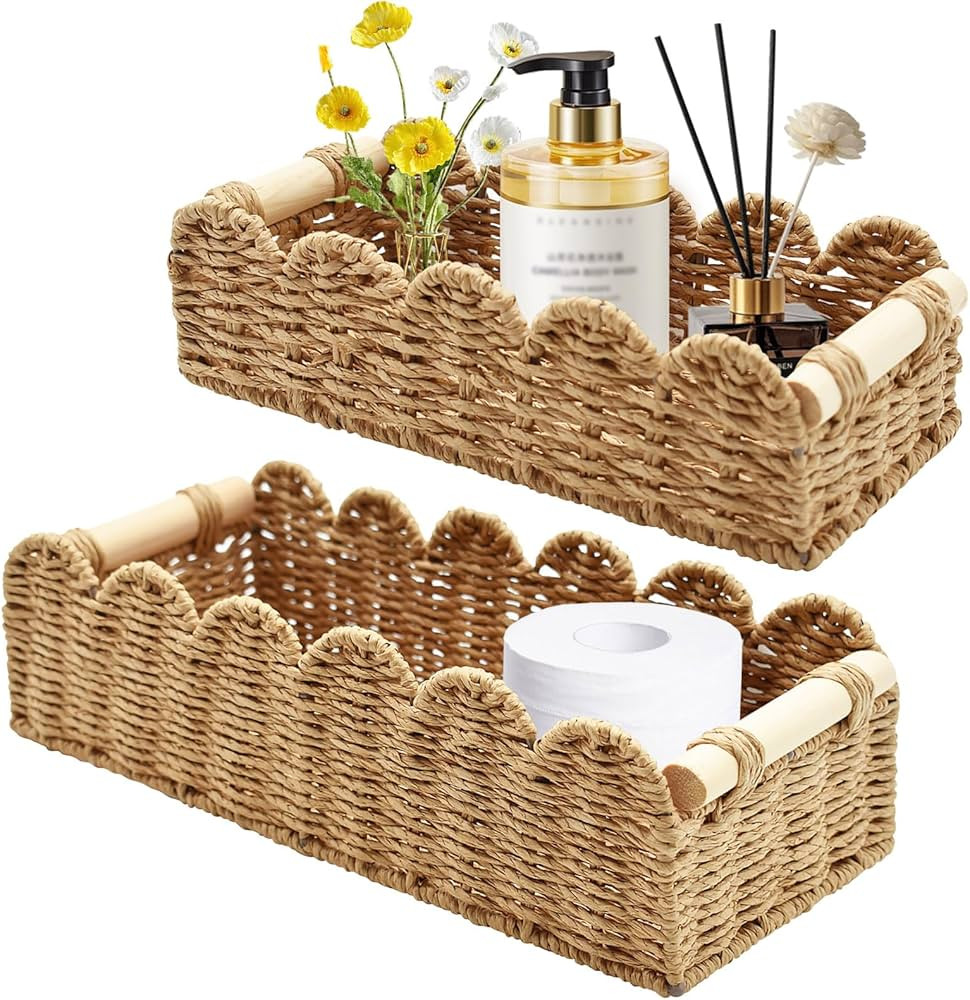 Yiomxhi 2 Piece Wicker Woven Toilet Paper Storage Basket with Wooden Handles, Rattan Box for Kitc... | Amazon (FR)