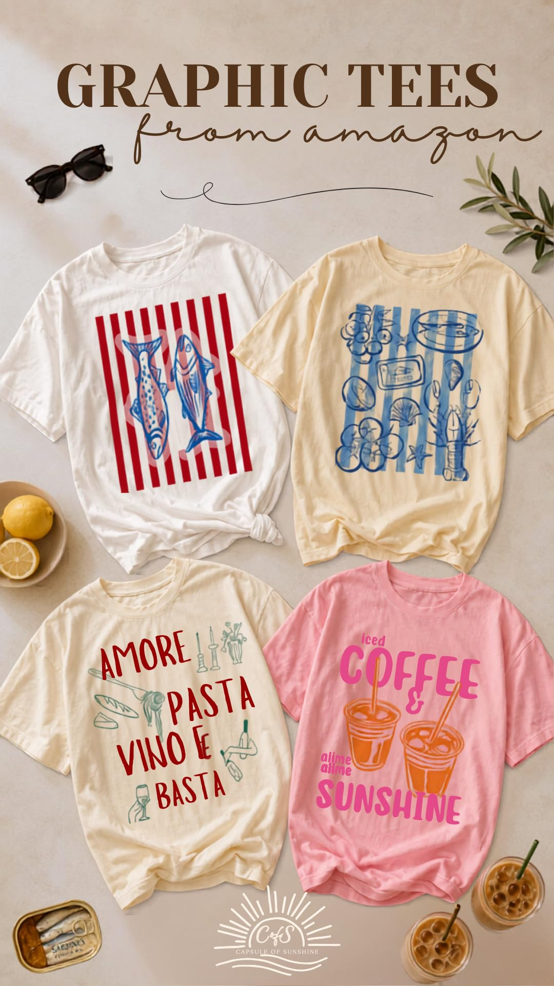 Amazon graphic tees I’m loving lately ☀️🍋☕️🐟 The easiest way to make a basic summer outfit feel a little more fun. Pair with denim shorts, linen pants, or an easy skirt for a cute casual look. Loving all the coastal, foodie + iced coffee vibes for summer!

#AmazonFashion #GraphicTees #SummerOutfitIdeas #CasualSummerStyle #AmazonStyle #WomensGraphicTees #VacationOutfits #SummerFashion 

 #LTKootd #LTKmomlife #LTKTravel