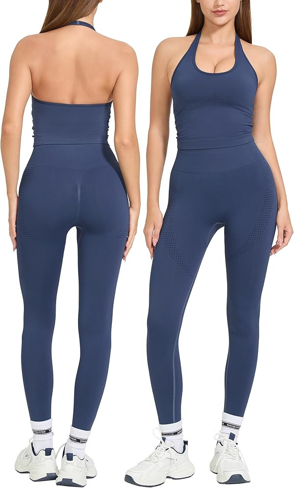MOOSLOVER Women 2 Piece Workout Sets Halter Sports Bra Butt Lifting Leggings Gym Yoga Outfits | Amazon (US)